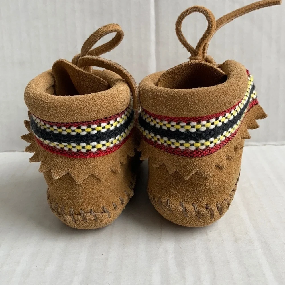 Baby Minnetonka Moccasin brown suede yellow black red braided booties with tie